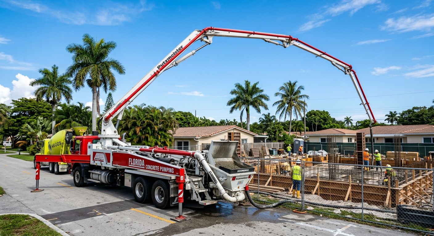 Concrete boom pump truck on a job site
